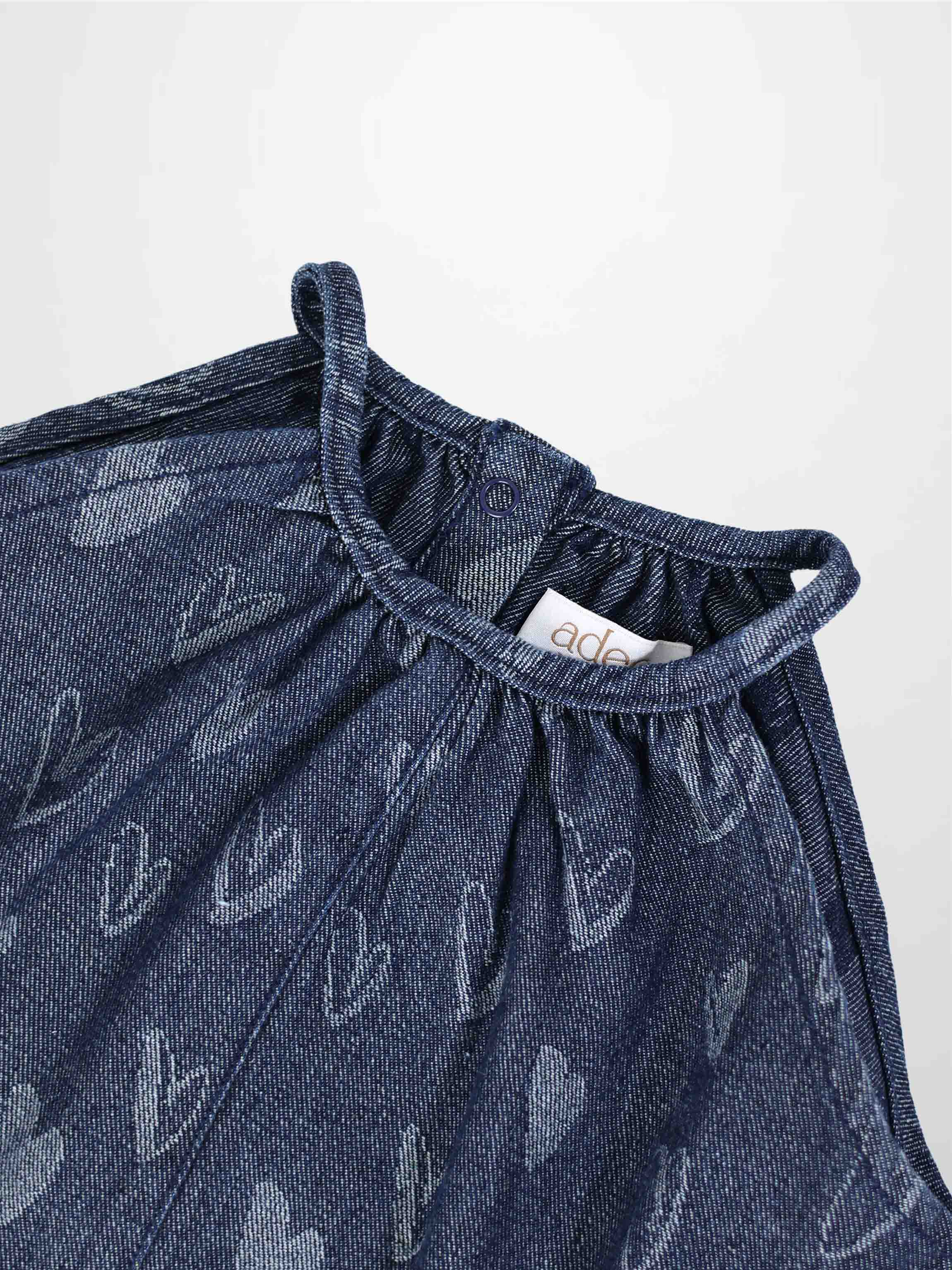 Denim Heart Print Bubble Romper for Girls
