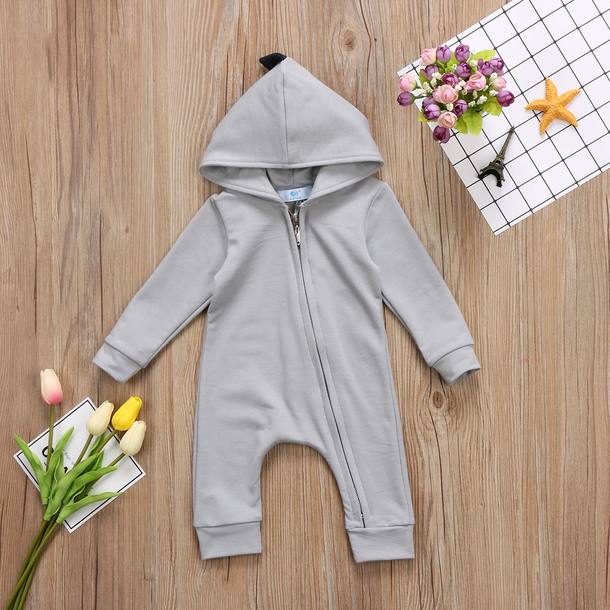 Dinosaur Baby Romper with Hood & Long Sleeves