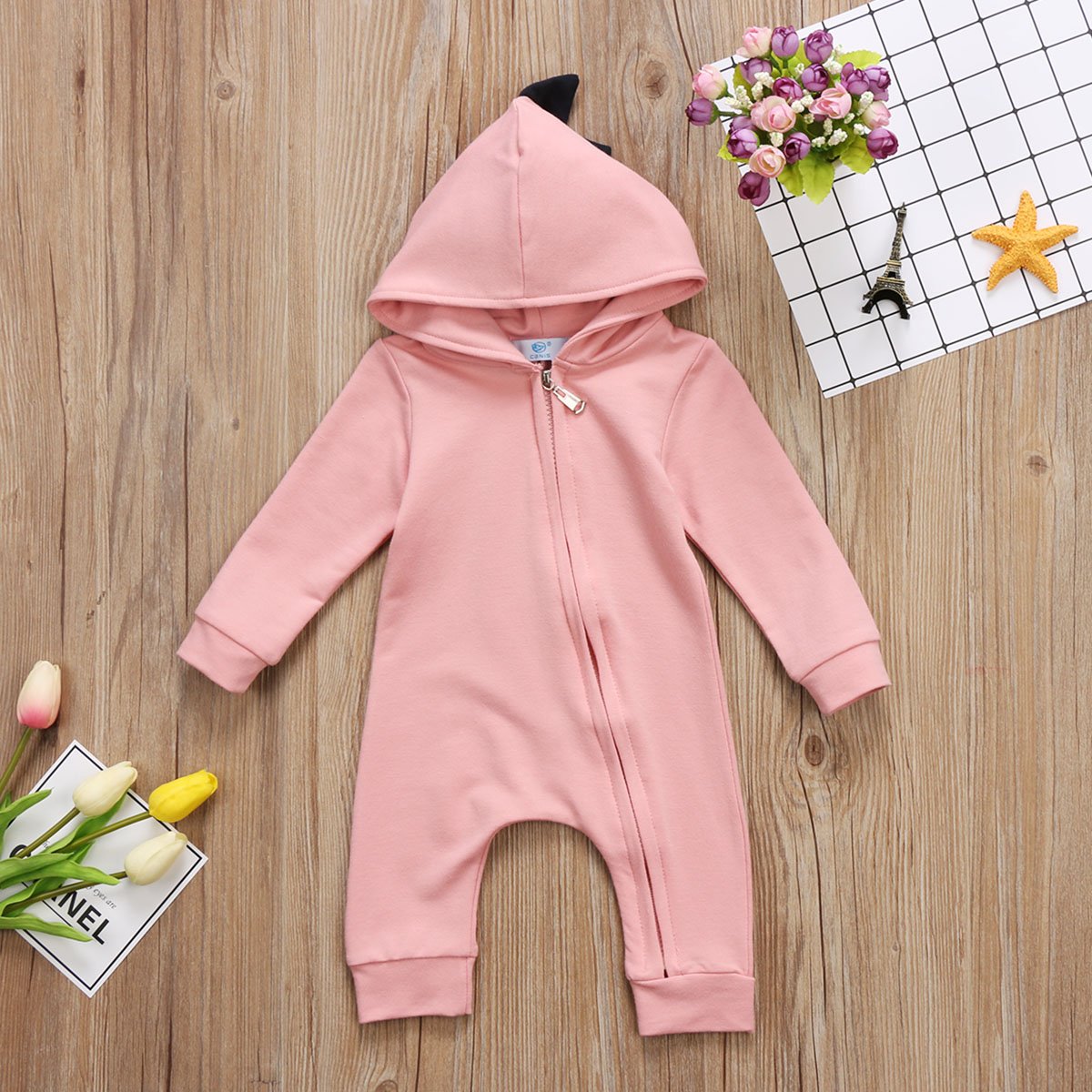 Dinosaur Baby Romper with Hood & Long Sleeves