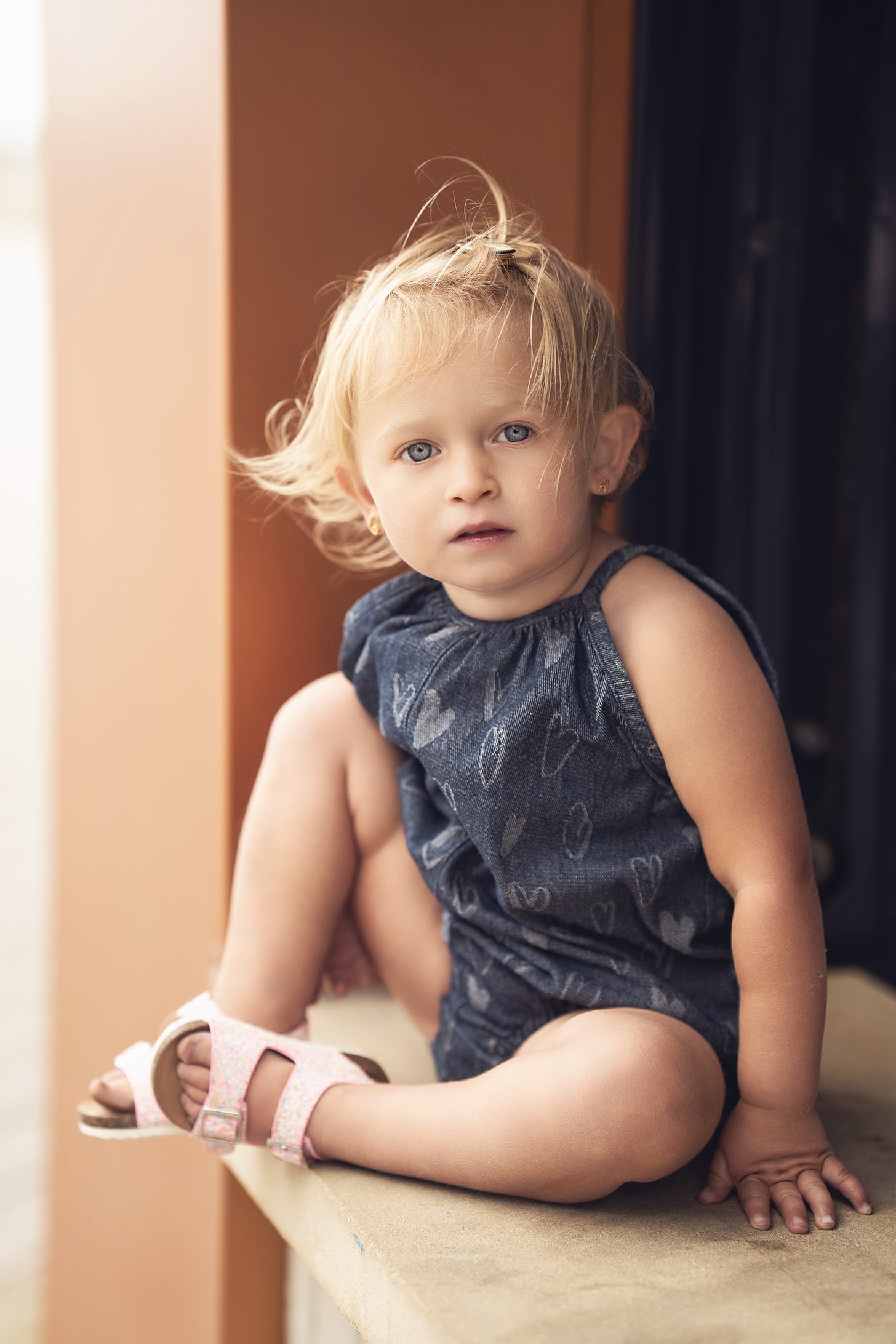 Denim Heart Print Bubble Romper for Girls